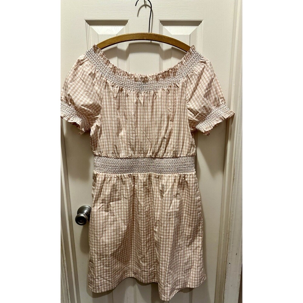 J.Crew Smocked 100% Cotton Puff-Sleeve Lined Poplin Dress Tan White Gingham Sz M - Picture 5 of 16
